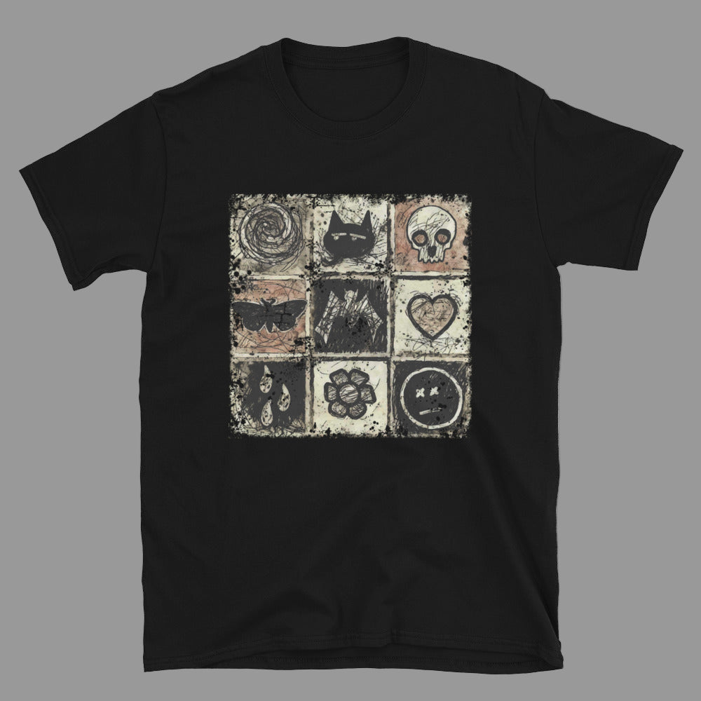 a t-shirt with a dark scribble of emo symbols