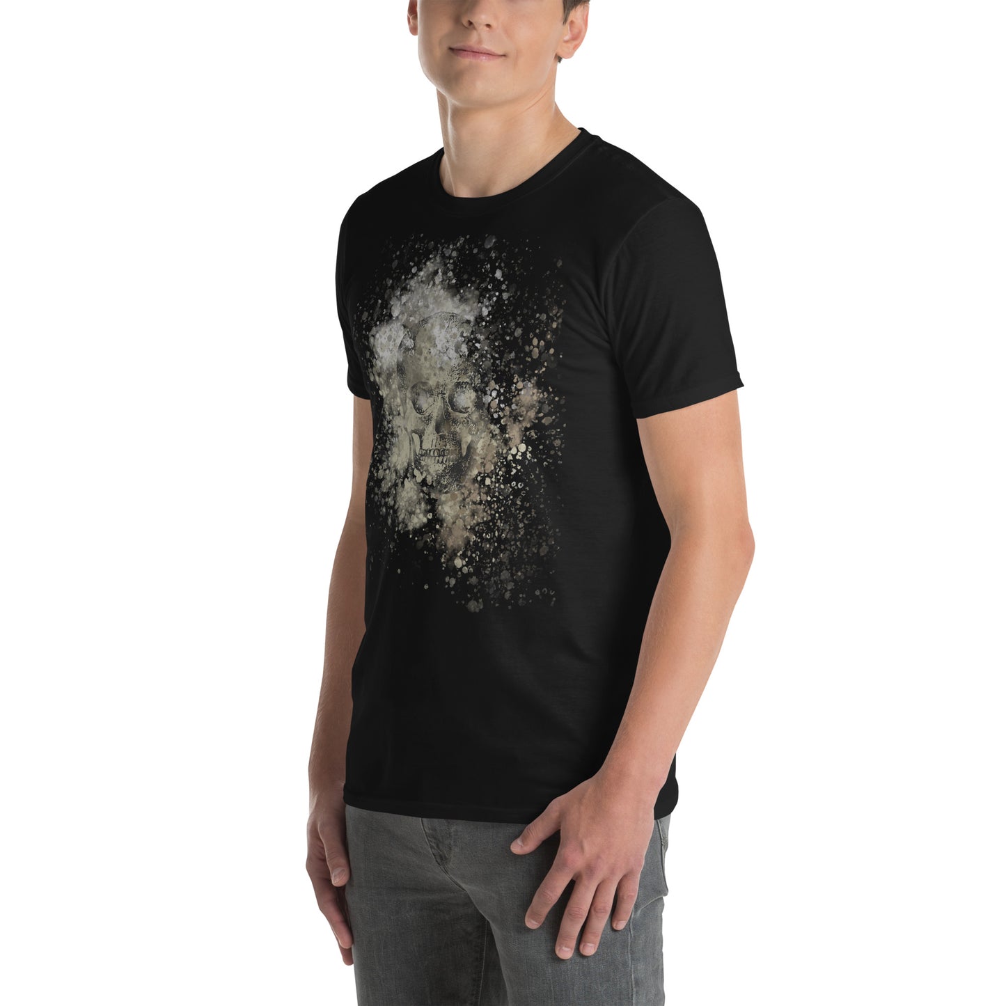 man wearing a black tee with subtle skull graphic surrounded and overlaid with paint splatter in camouflage colors
