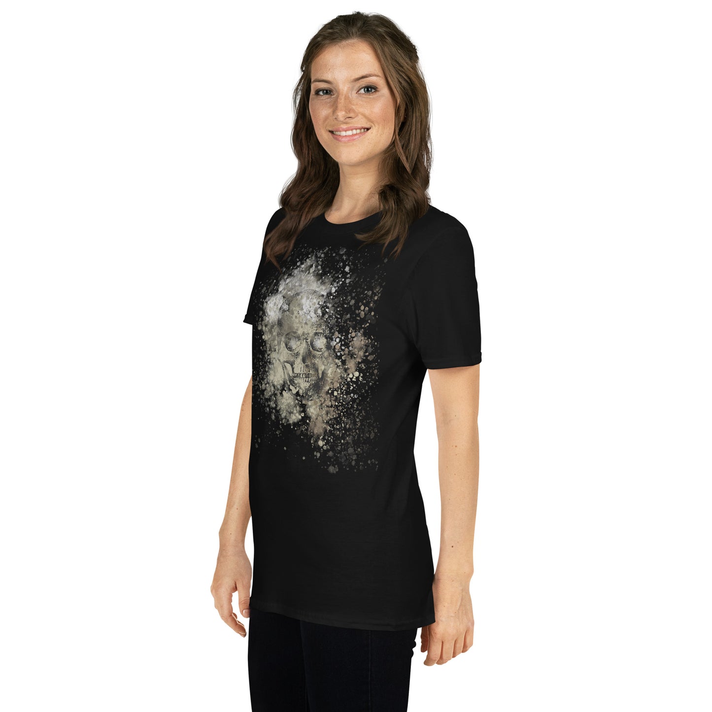 woman wearing a black tee with subtle skull graphic surrounded and overlaid with paint splatter in camouflage