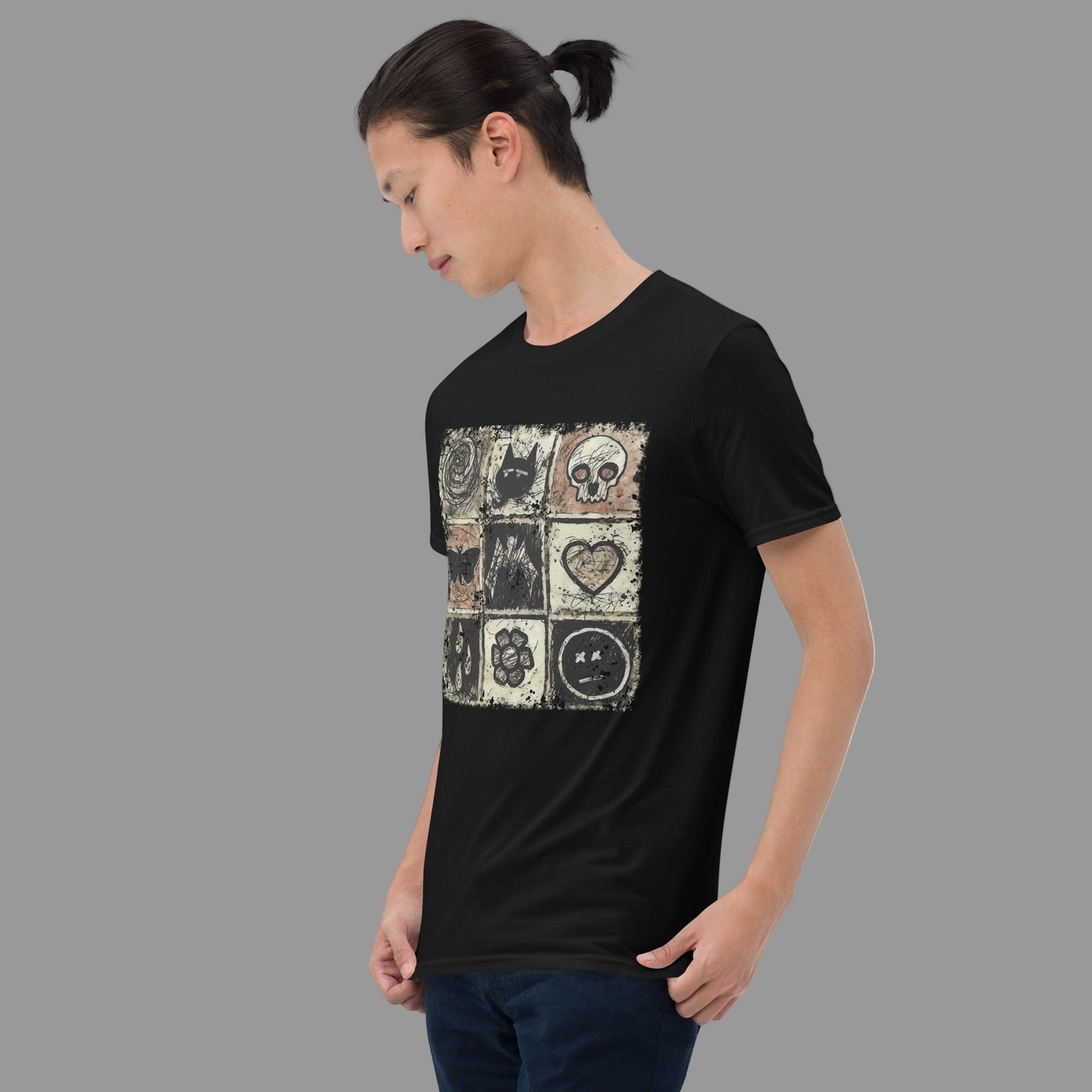 a t-shirt with a dark scribble of emo symbols
