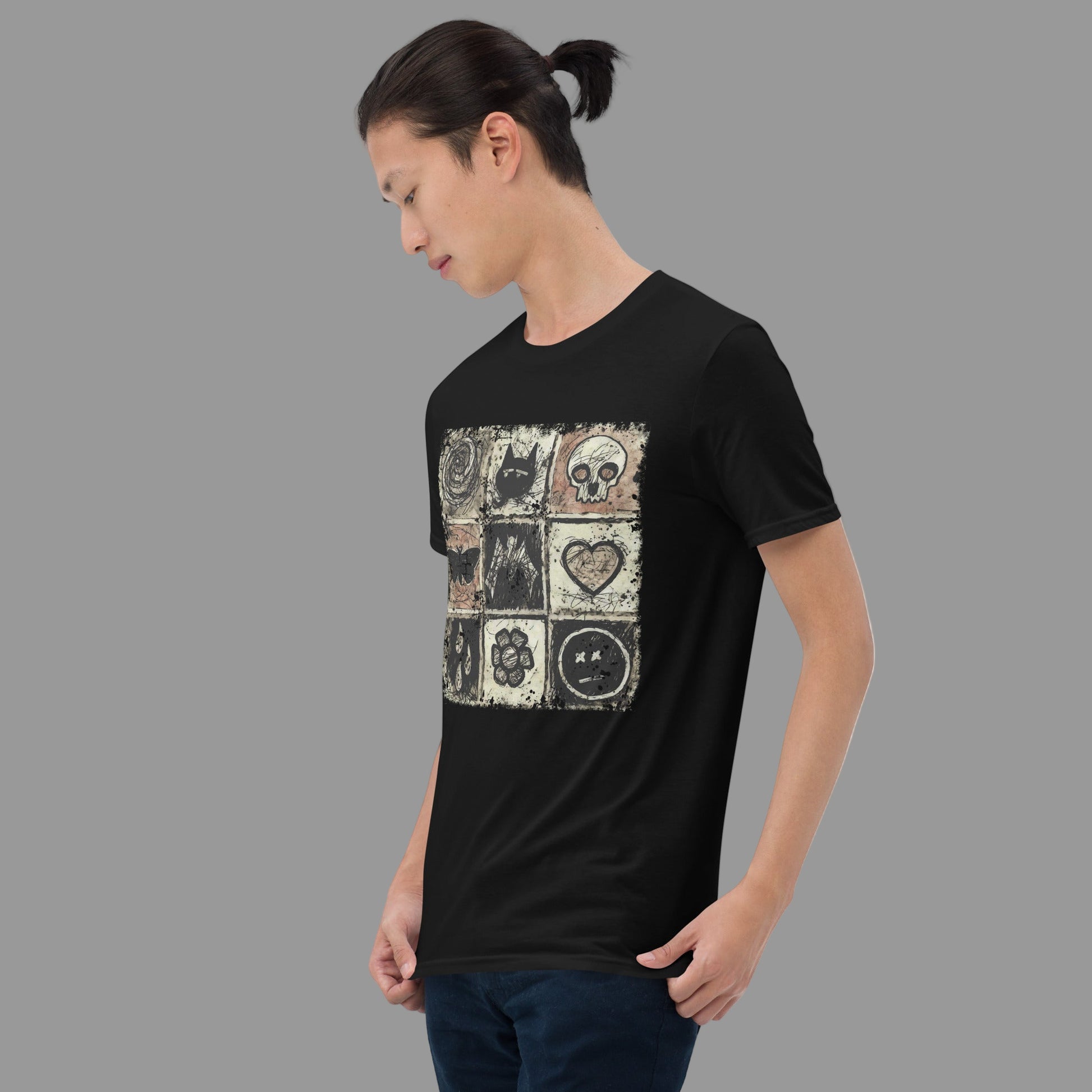 a t-shirt with a dark scribble of emo symbols