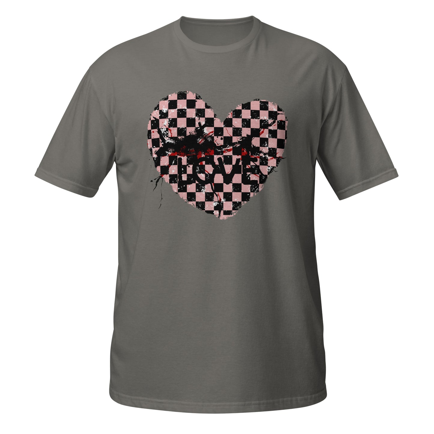 a grey t-shirt with a pink and black cracked checkered heart and the text love partly obscured