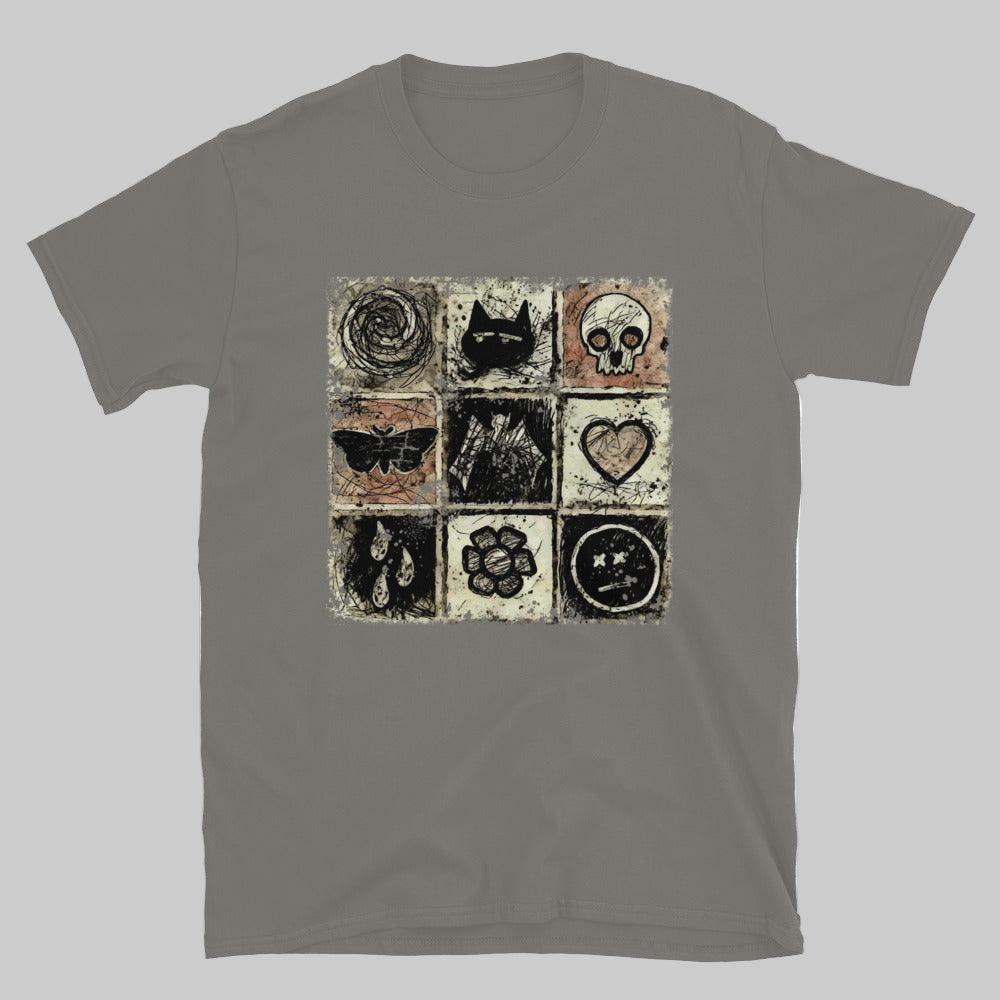 a t-shirt with a dark scribble of emo symbols