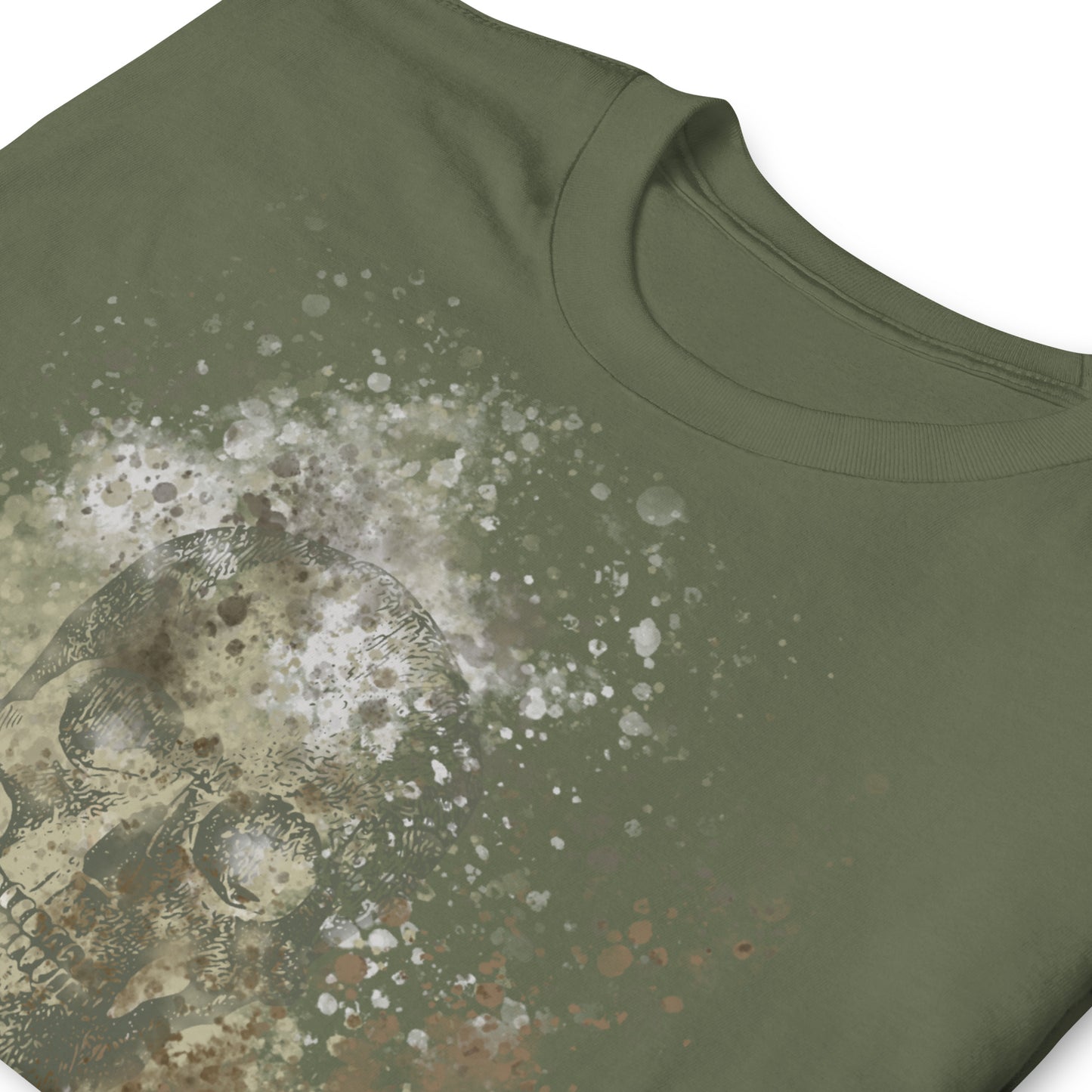 front of A tee with subtle skull graphic surrounded and overlaid with paint splatter in camouflage colors on military green