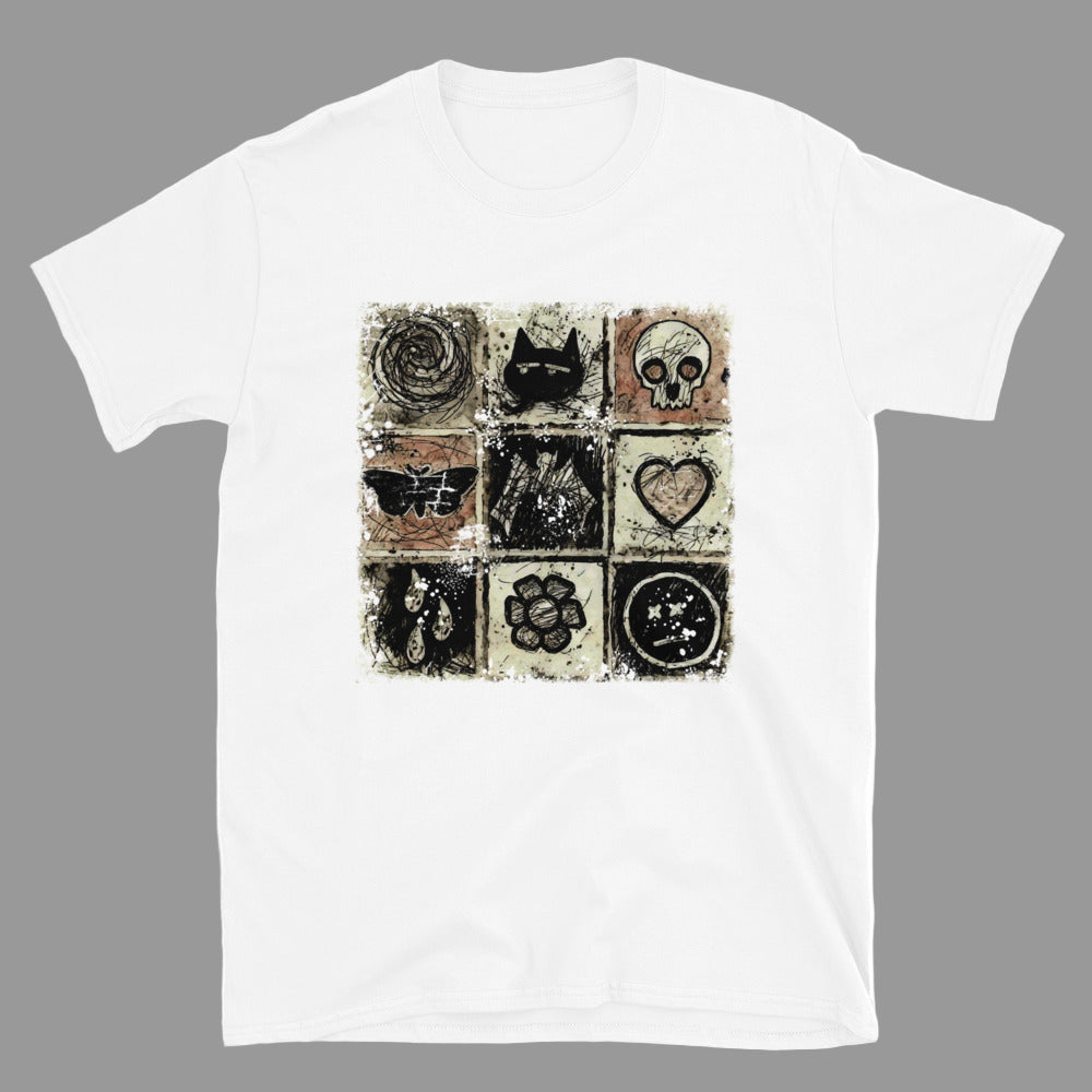 a t-shirt with a dark scribble of emo symbols