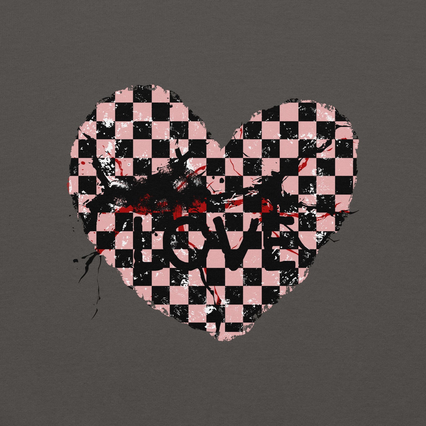 a designs with a checkered emo heart with cracks and the word love