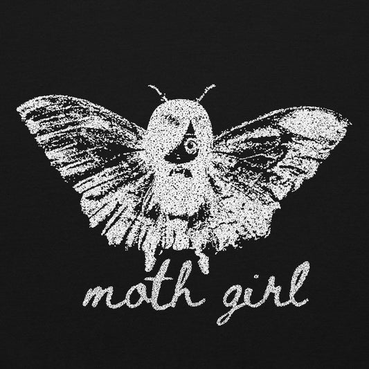 a distressed pointillism design of an emo girl with moth wings and the text moth girl