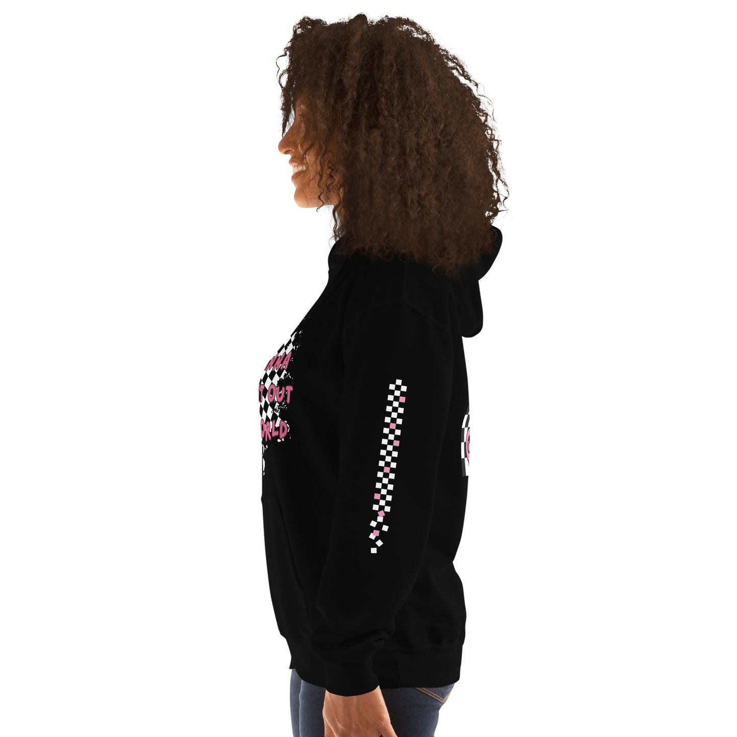 woman wearing a hoodie with graphic in front: rugged checkers and text "i just wanna walk out of this world", plus sleeve and back prints