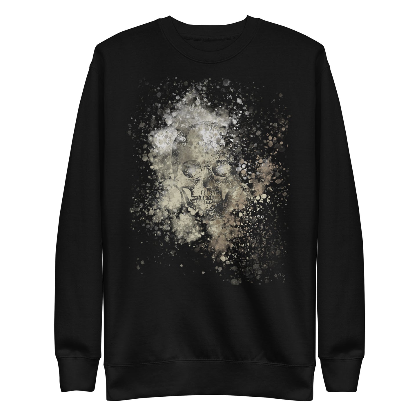 front of a sweatshirt with subtle skull graphic surrounded and overlaid with paint splatter in camouflage colors on black