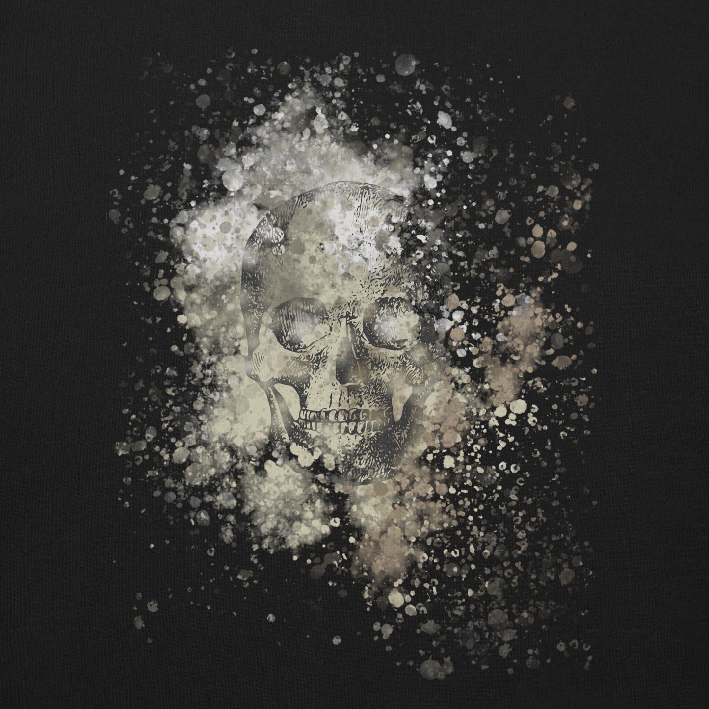 front of a sweatshirt with subtle skull graphic surrounded and overlaid with paint splatter in camouflage colors on black