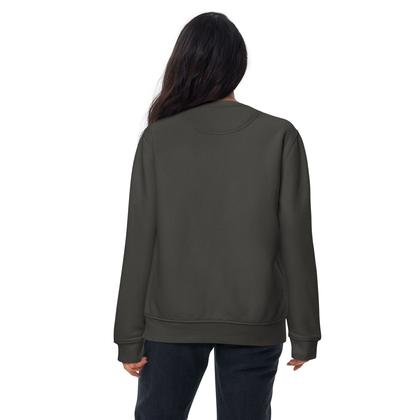 back of a woman wearing a vintage black sweatshirt