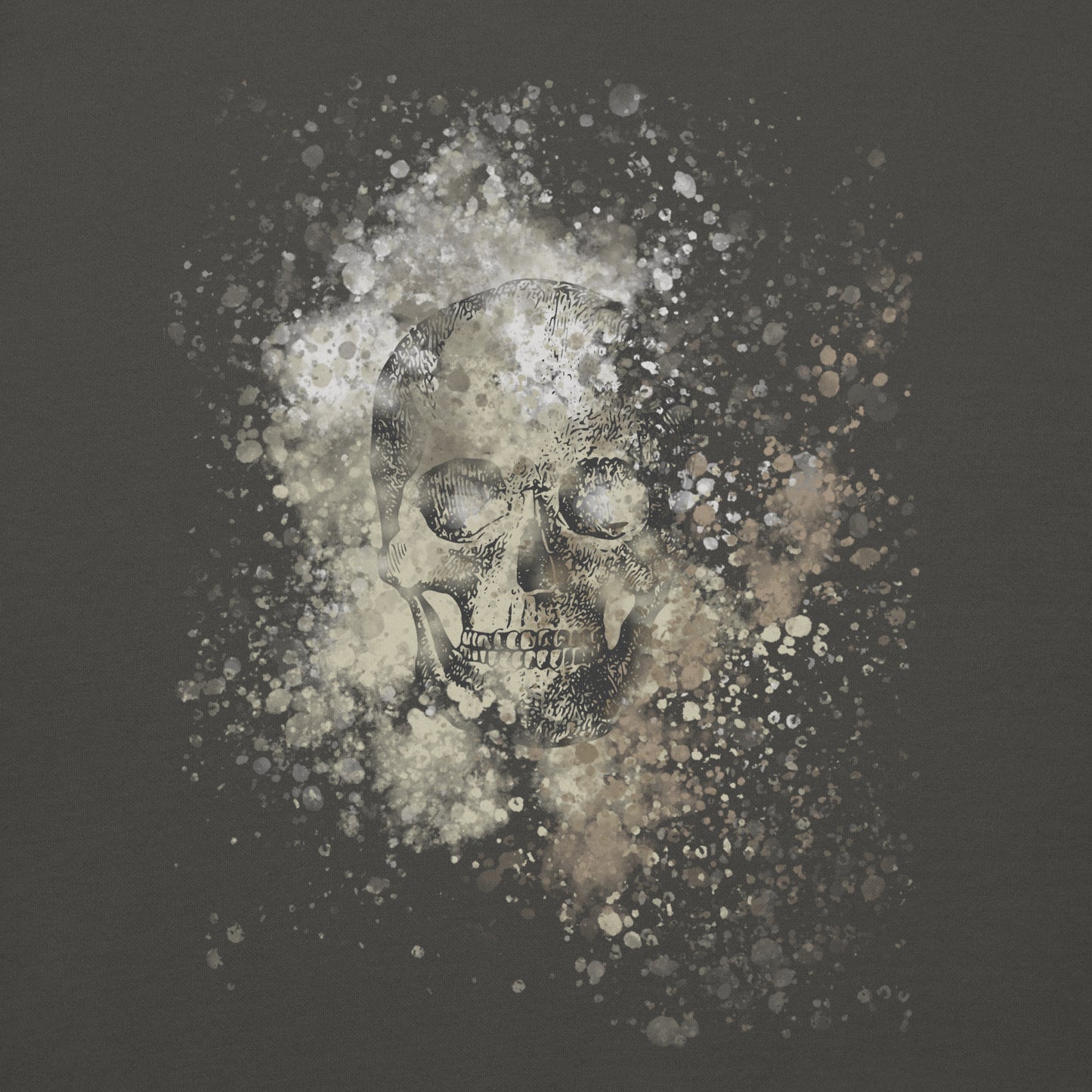 A cotton heritage M2480 sweatshirt with a subtle skull graphic surrounded and overlaid with paint splatter in camouflage colors on vintage black