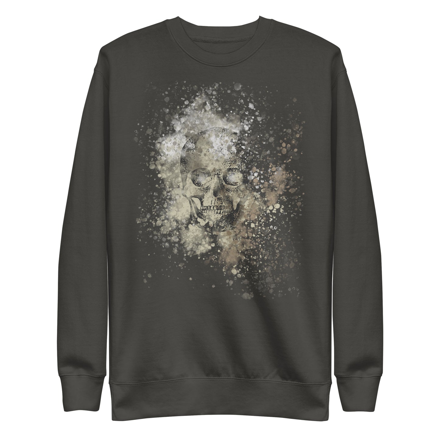 front of a sweatshirt with subtle skull graphic surrounded and overlaid with paint splatter in camouflage colors on vintage black