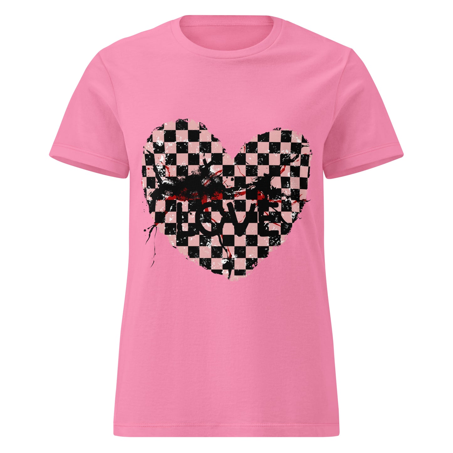 pink graphic alt t-shirts, one with an emo style cracked checkered heart