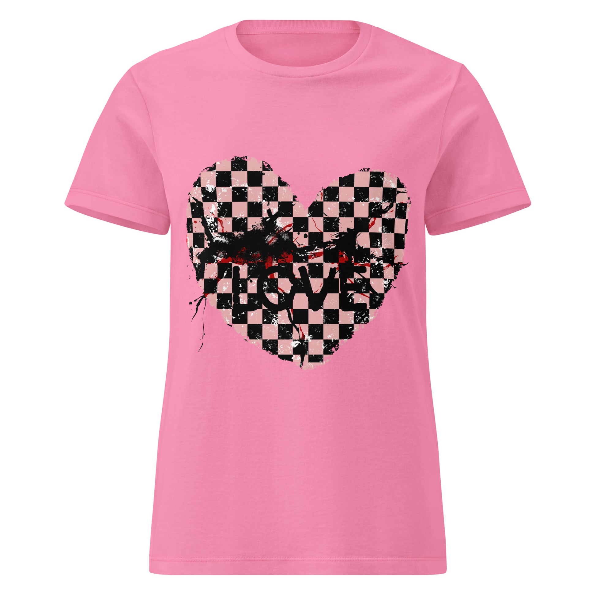 pink graphic alt t-shirts, one with an emo style cracked checkered heart