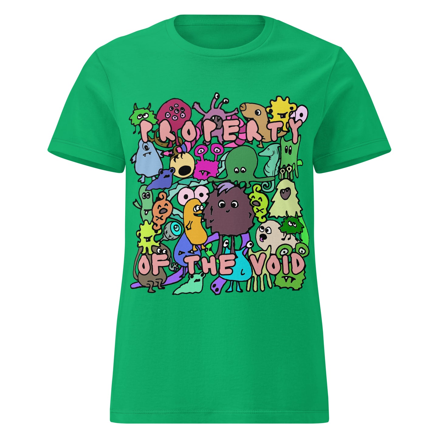 green t-shirt with colorful graphic design, with emo and scene kid monsters and text "property of the void"