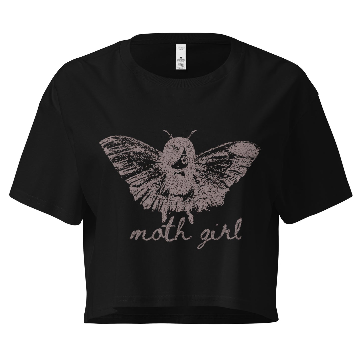 a black cropped t-shirt with a moth girl design and 'moth girl' text