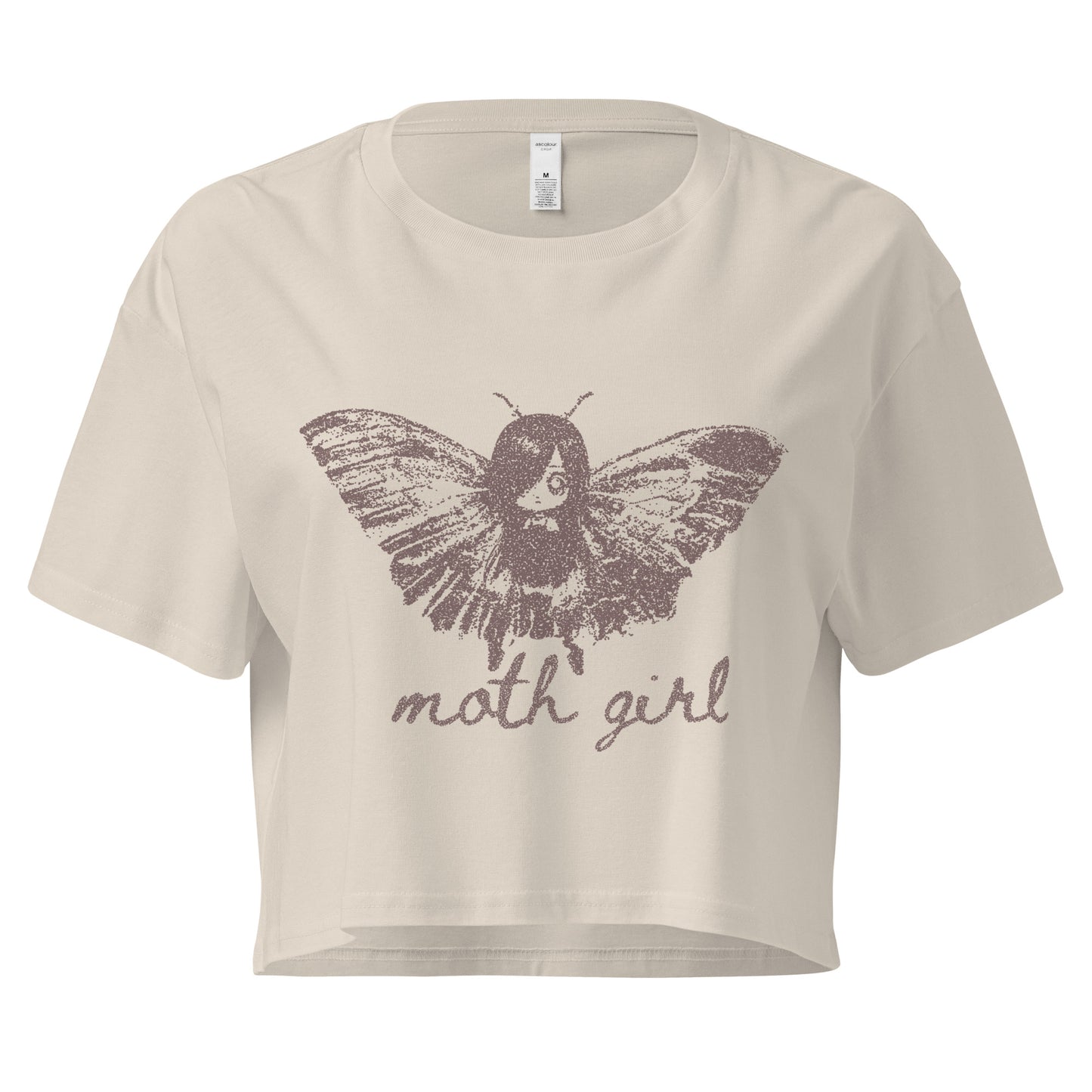 an off white/beige cropped t-shirt with a moth girl design and 'moth girl' text