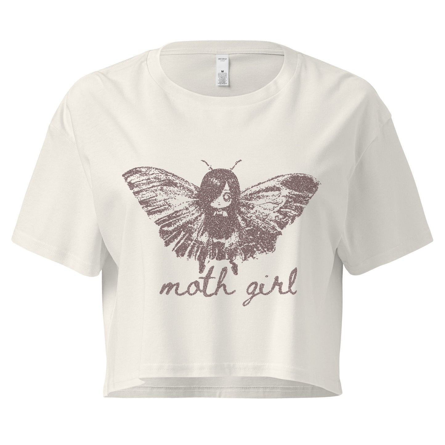 a white cropped t-shirt with a moth girl design and 'moth girl' text