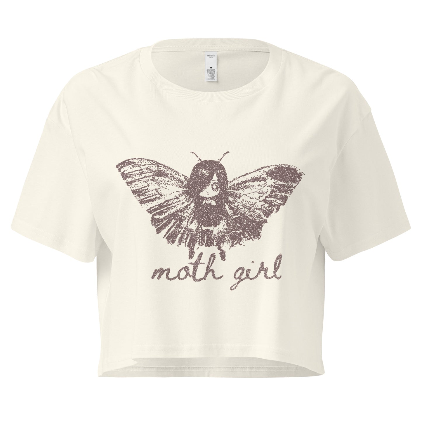 an off white cropped t-shirt with a moth girl design and 'moth girl' text