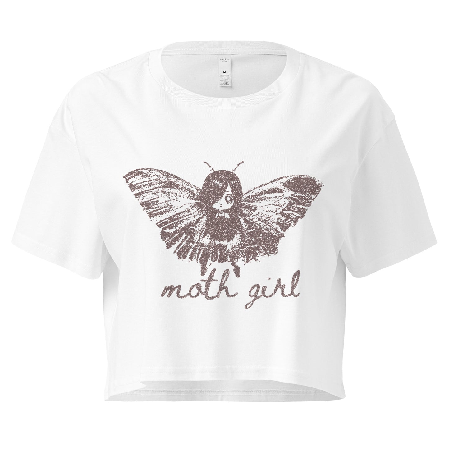 a white cropped t-shirt with a moth girl design and 'moth girl' text