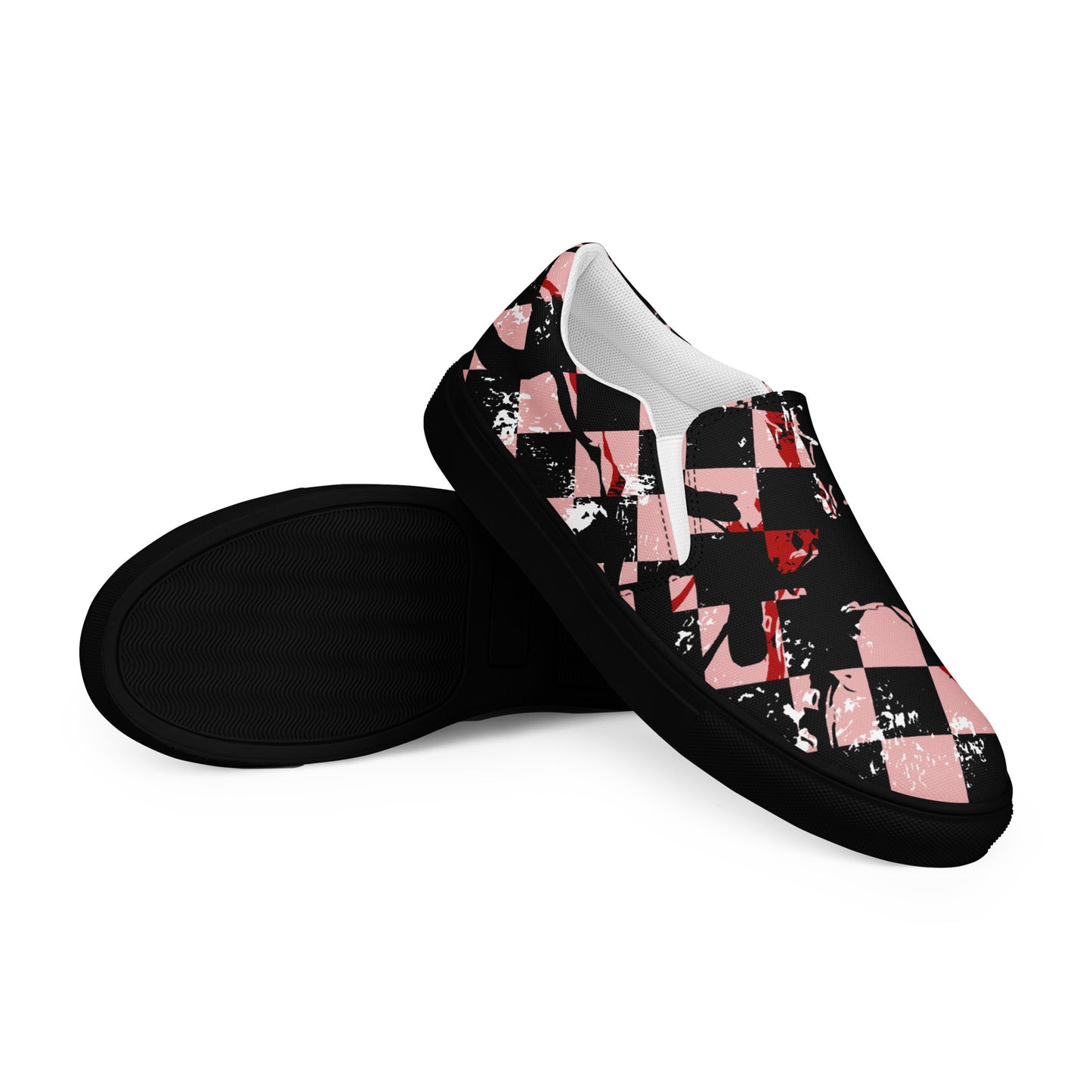 slip on shoes with a pink and black distressed checker emo pattern
