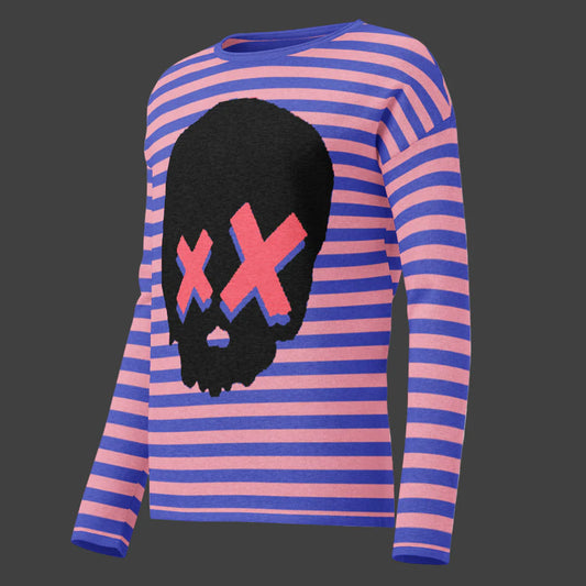 knitted sweater with a black grunge skull with x-eyes on a striped blue and pink background