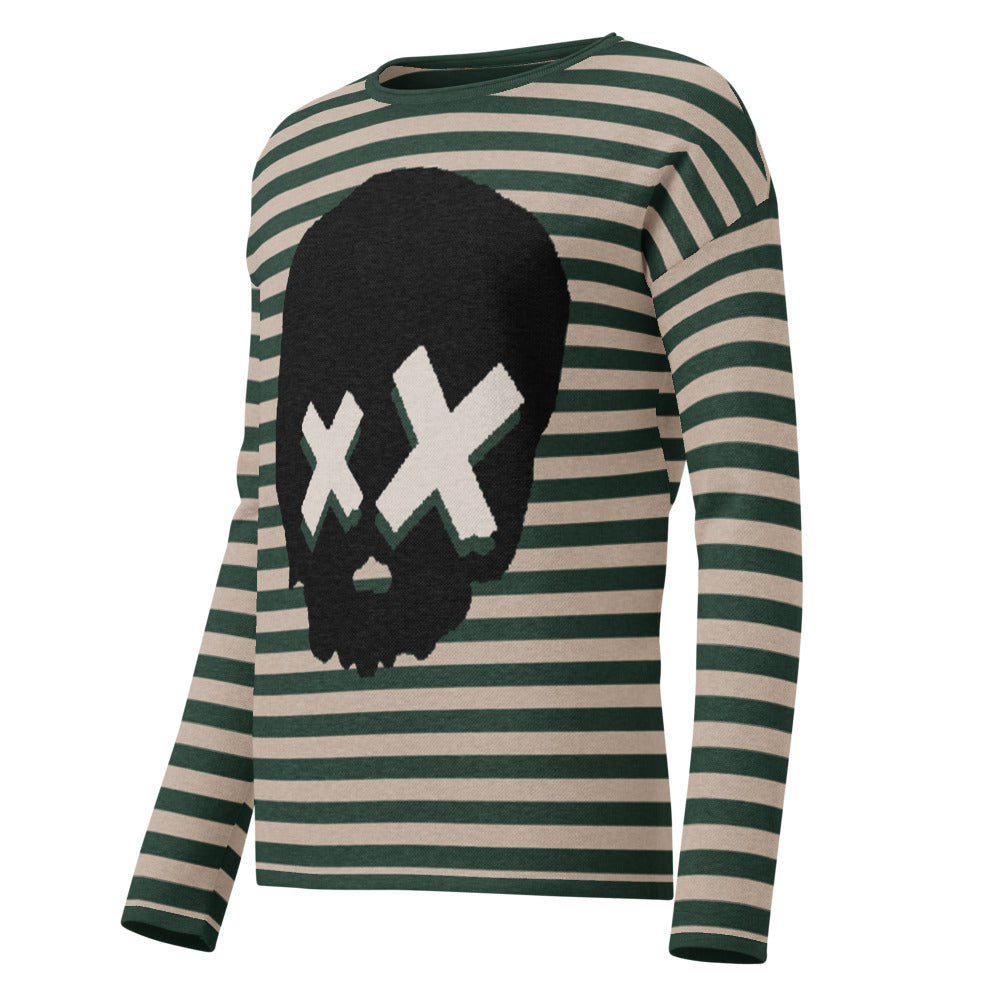 knitted sweater with a black grunge skull with x-eyes on a striped pine green and grey background
