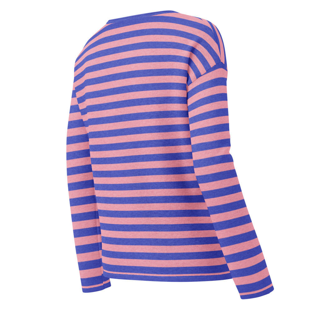 back of a sweater with pink and blue stripes and an x-eyed black skull design