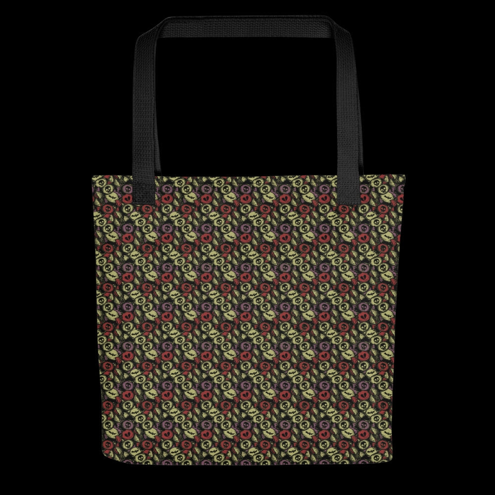 Alt style tote bag with a skull candy pattern in khaki, purple and red