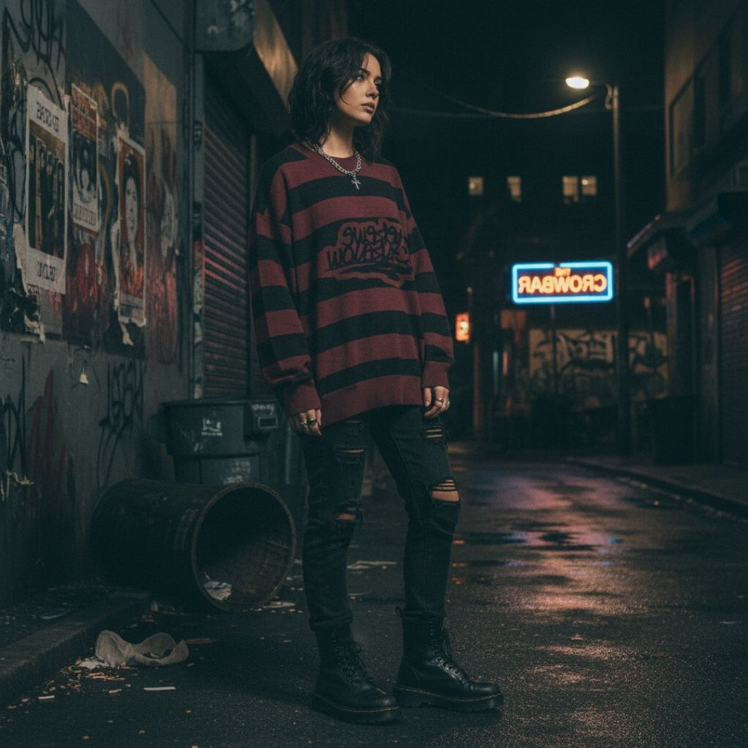 Person wearing an oversized wide grunge striped knitted sweater in a dark alleyway