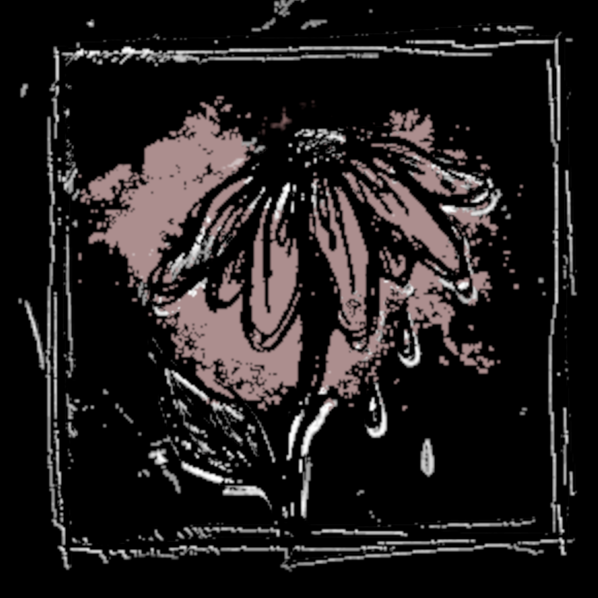 A distressed hand drawn crying flower in dark grey and soft pink