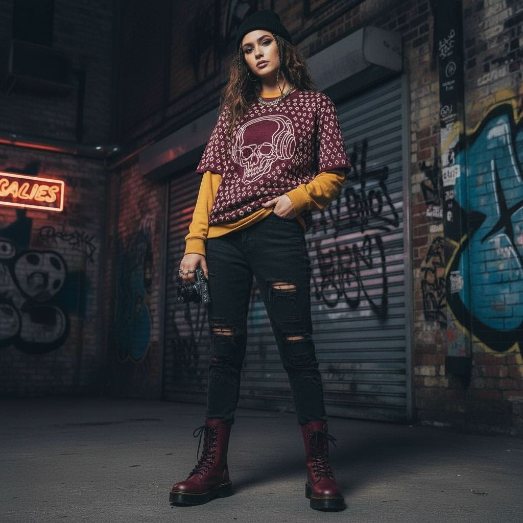 cool girl wearing a burgundy knit tee with a skull in headphones  over a mustard long sleeve