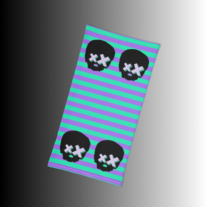 grunge striped neck gaiter with x-eyed skulls