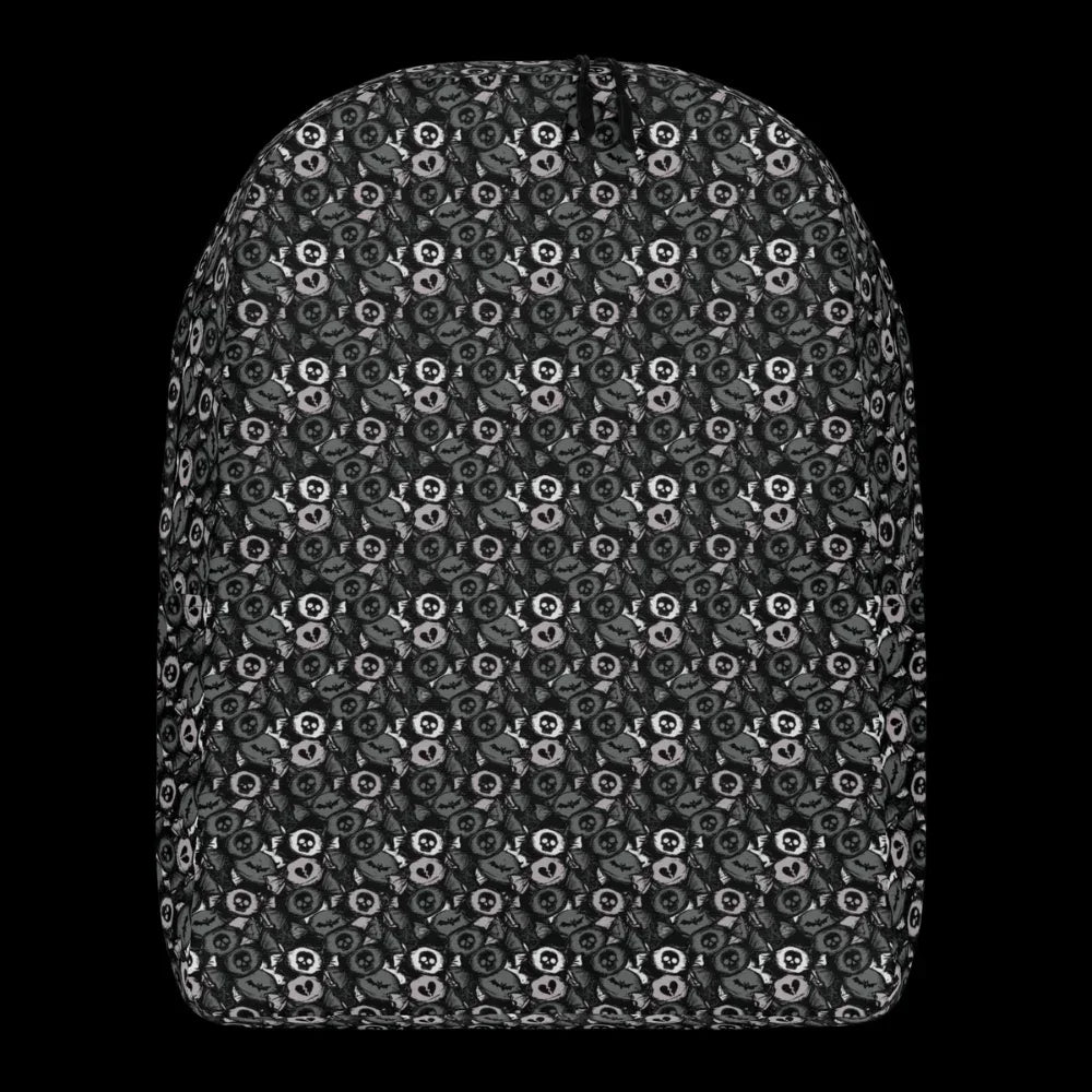 a backpack with an alt emo skull candy pattern in grey shades