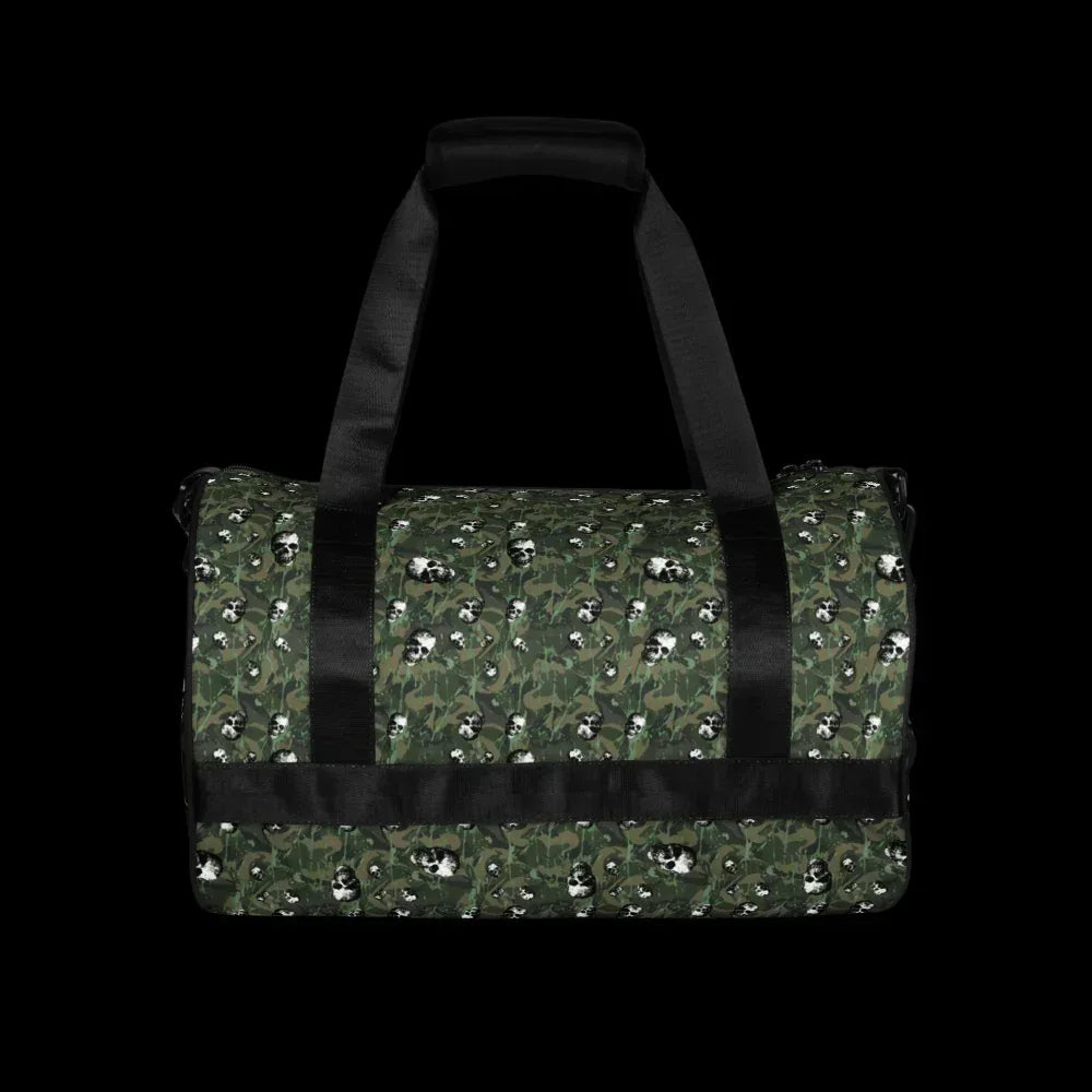 a duffel gym bag with a camo, paint splatter, and gritty skulls pattern in camo shades