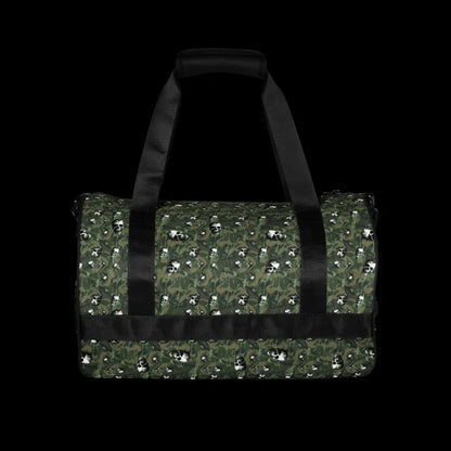a duffel gym bag with a camo, paint splatter, and gritty skulls pattern in camo shades