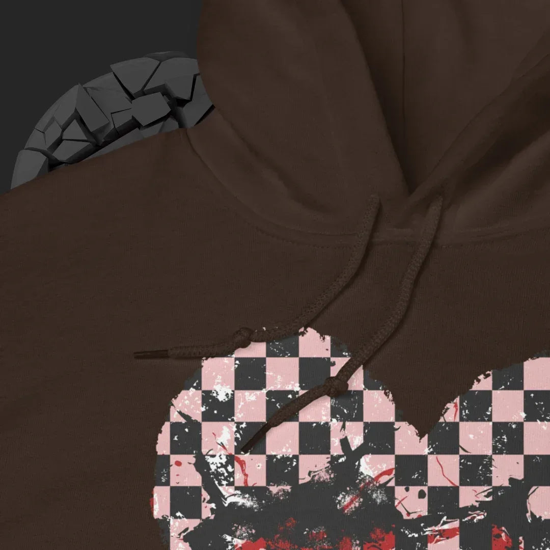 a brown hoodie with a pink checkered and distressed heart design