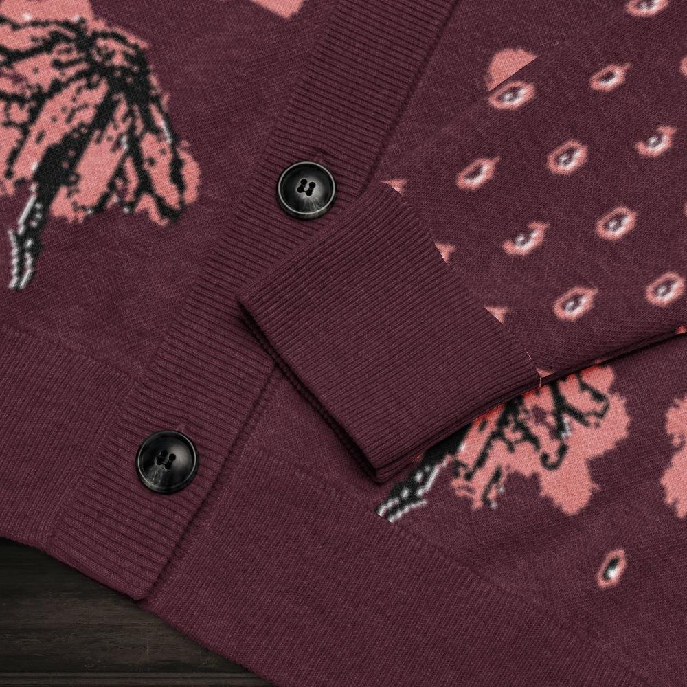 An emotional burgundy knitted cardigan with tears and crying flowers