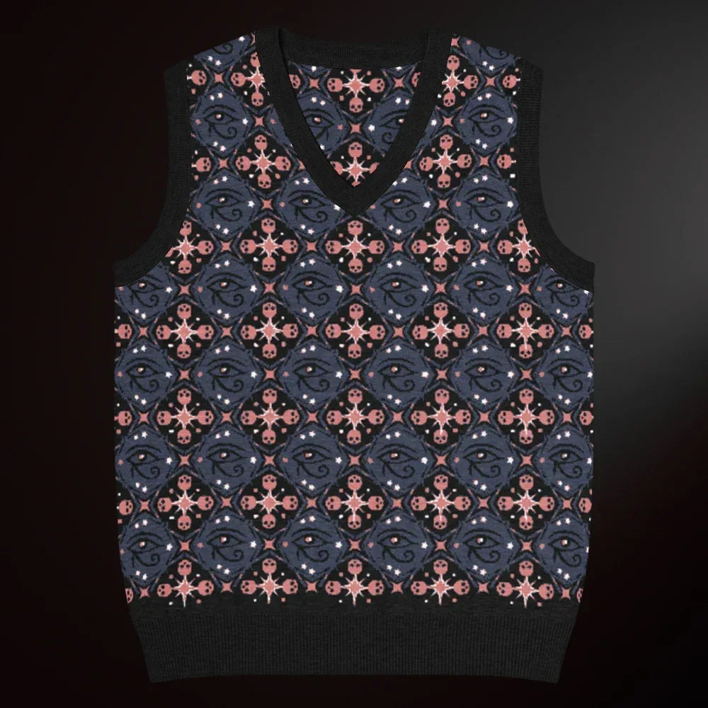 A knit vest with a mysterious eye and skulls pattern in dark blue and pink