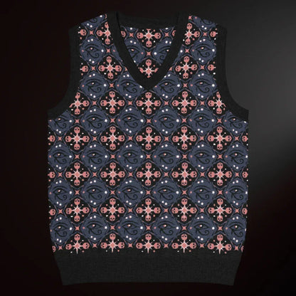 A knit vest with a mysterious eye and skulls pattern in dark blue and pink