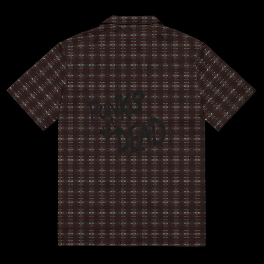 A dark punk tartan pattern short sleeve shirt with back print Punks not dead.