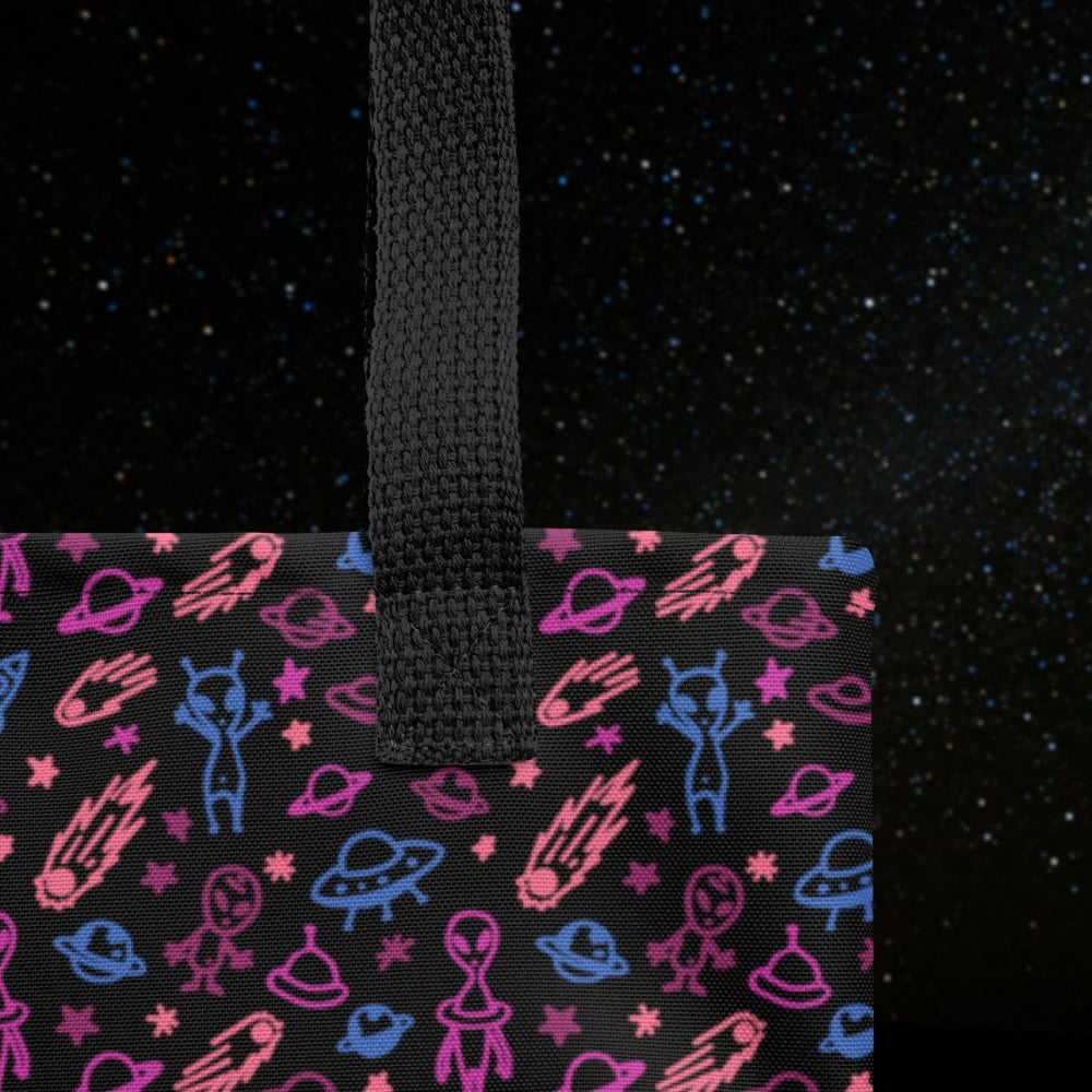 Tote bag with a cool hand drawn space pattern with confused aliens and planets in deep space shades black