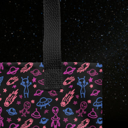 Tote bag with a cool hand drawn space pattern with confused aliens and planets in deep space shades black