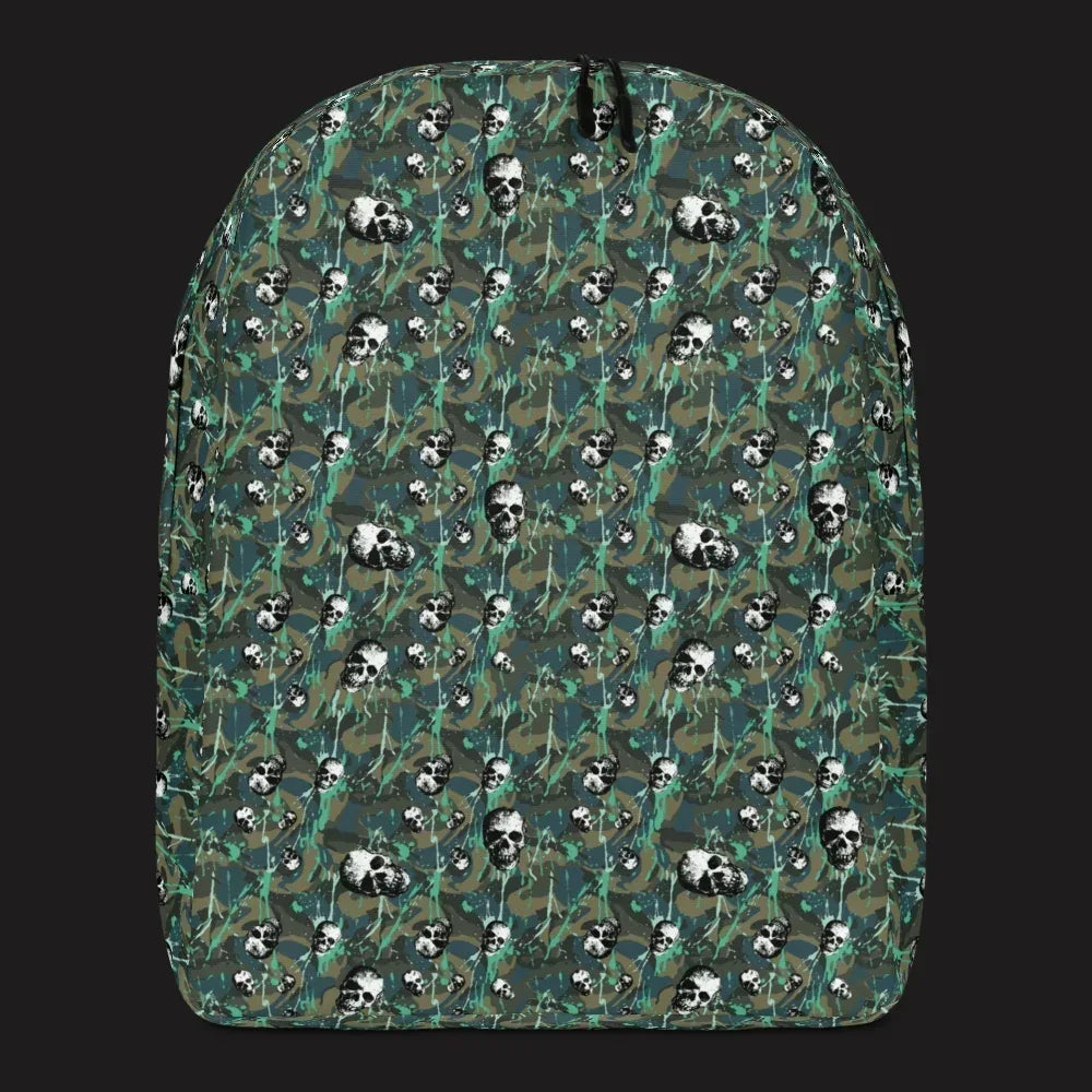 a backpack with a camo and paint and gritty skulls pattern in camo green
