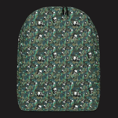 a backpack with a camo and paint and gritty skulls pattern in camo green