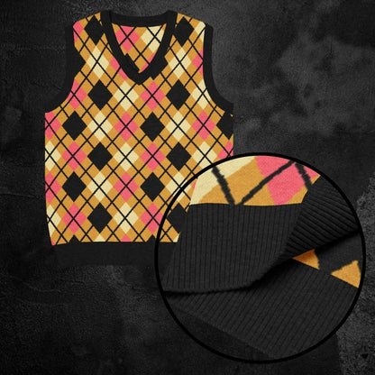 Knitted sweatshirt vest with pink and yellow black argyle pattern on a dark background
