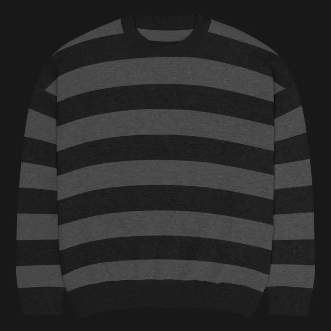 a grunge striped sweater with wide black and dark stripes