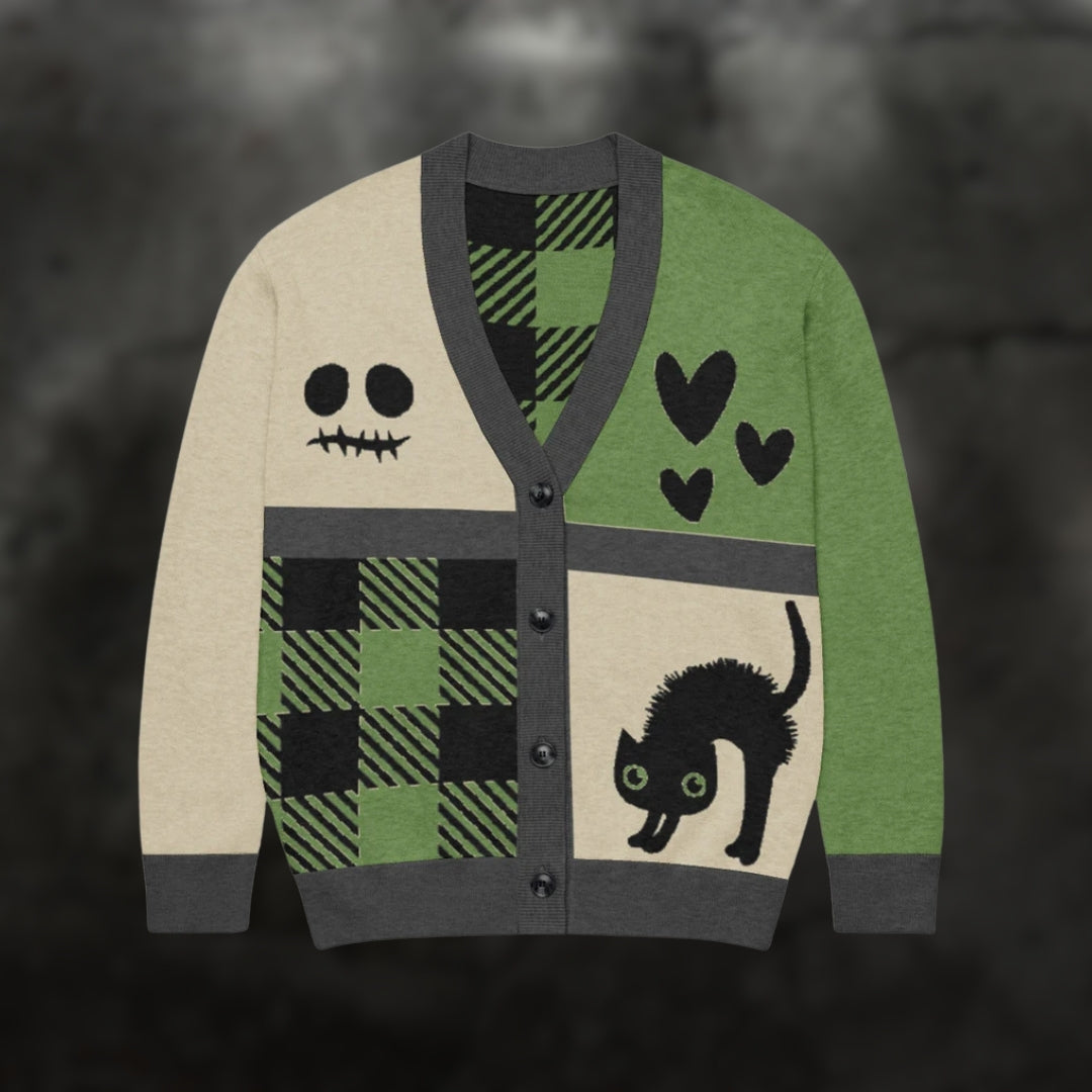 A green, grey and black knitted cardigan with patchwork pattern areas