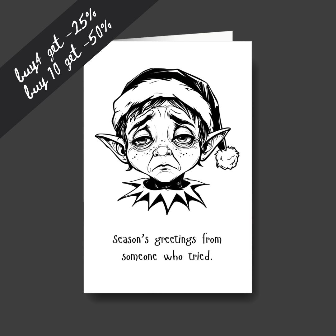 a tired elf sad Christmas greeting card